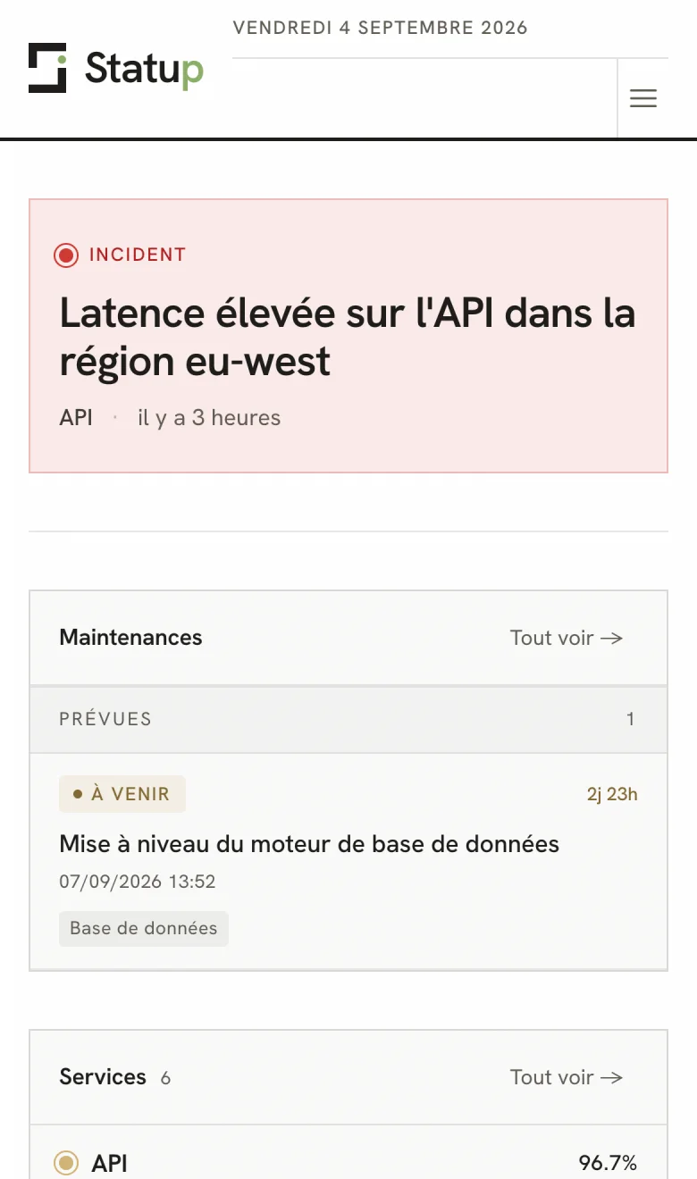 La page de statut Statup sur un téléphone : un bandeau d’incident rouge occupant le haut de l’écran, le service touché et le temps écoulé depuis le début.